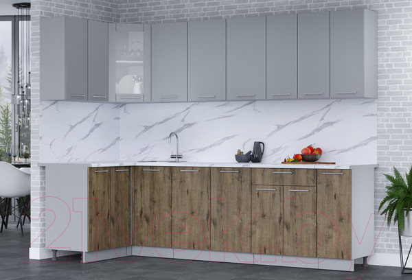 Изображение товара Кухонный гарнитур Интерлиния Мила 12x27 (серебро/дуб веллингтон/белый гранит)