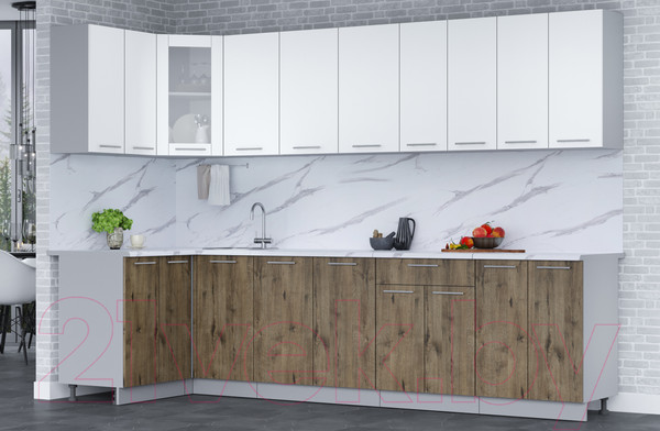 Изображение товара Кухонный гарнитур Интерлиния Мила 12x30 (белый платинум/дуб веллингтон/белый гранит)