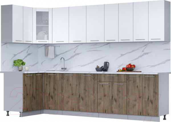 Изображение товара Кухонный гарнитур Интерлиния Мила 12x30 (белый платинум/дуб веллингтон/белый гранит)