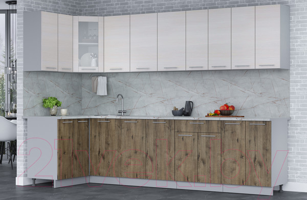 Изображение товара Кухонный гарнитур Интерлиния Мила 12x30 (вудлайн кремовый/дуб веллингтон/серый каспий)