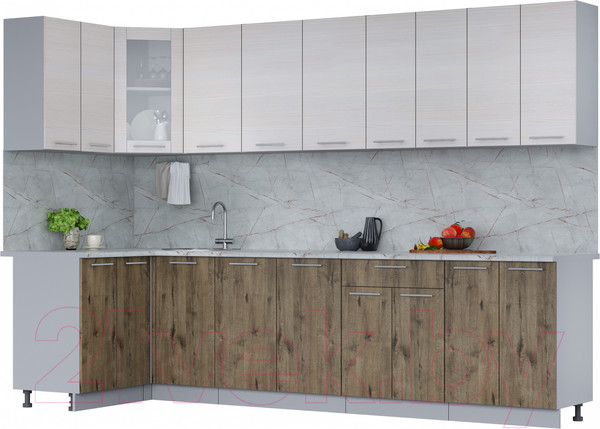 Изображение товара Кухонный гарнитур Интерлиния Мила 12x30 (вудлайн кремовый/дуб веллингтон/серый каспий)