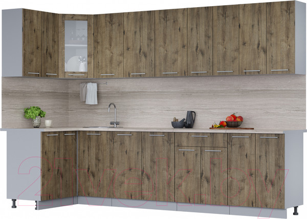 Изображение товара Кухонный гарнитур Интерлиния Мила 12x30 (дуб веллингтон/дуб веллингтон/травертин серый)