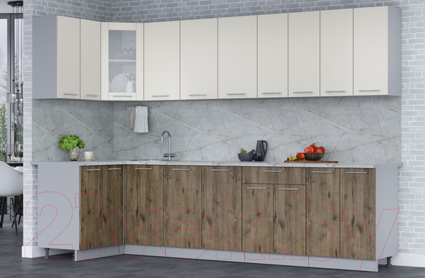 Изображение товара Кухонный гарнитур Интерлиния Мила 12x30 (персидский жемчуг/дуб веллингтон/серый каспий)