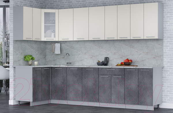 Изображение товара Кухонный гарнитур Интерлиния Мила 12x30 (персидский жемчуг/бетон портленд/серый каспий)