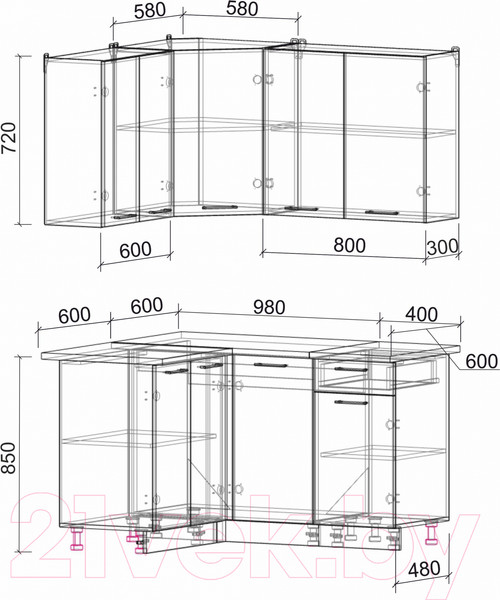 Изображение товара Кухонный гарнитур Интерлиния Мила Лайт 1.2x1.4 (белый платинум/белый платинум/дуб бунратти)