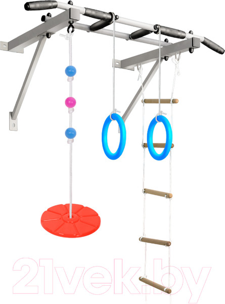 Изображение товара Турник Absolute Champion Оптимист / АЧ 10049 (тарзанка, лестница, кольца, белый, черные ручки)