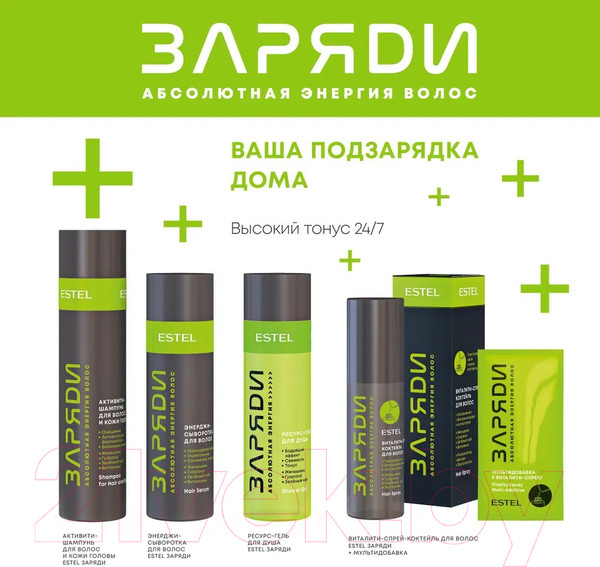 Изображение товара Набор косметики для тела и волос Estel Заряди Перезагрузка Шампунь+Сыворотка+Спрей+Гель для душа (250мл+200мл+100мл+200мл)