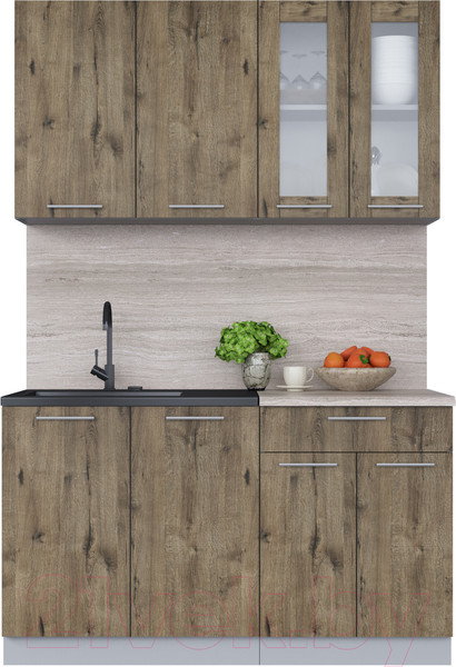 Изображение товара Кухонный гарнитур Интерлиния Мила 14 (дуб веллингтон/дуб веллингтон/травертин серый)