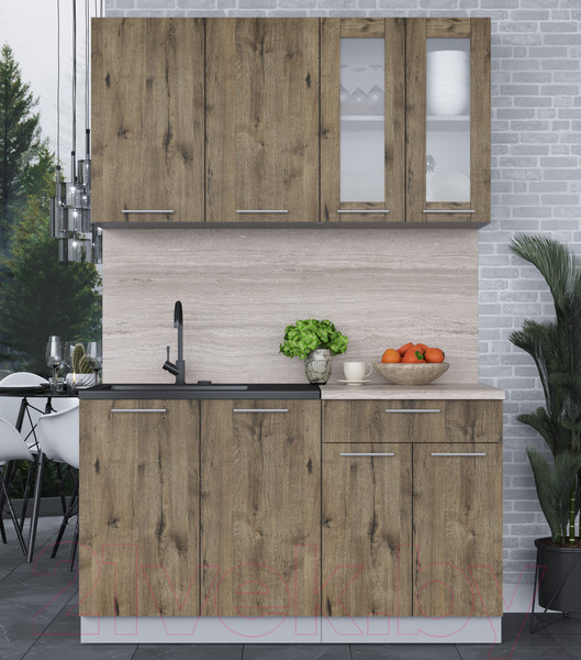 Изображение товара Кухонный гарнитур Интерлиния Мила 14 (дуб веллингтон/дуб веллингтон/травертин серый)