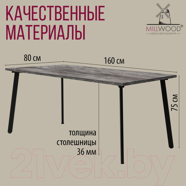 Изображение товара Обеденный стол Millwood Шанхай 160x80x75 (сосна пасадена/металл черный)