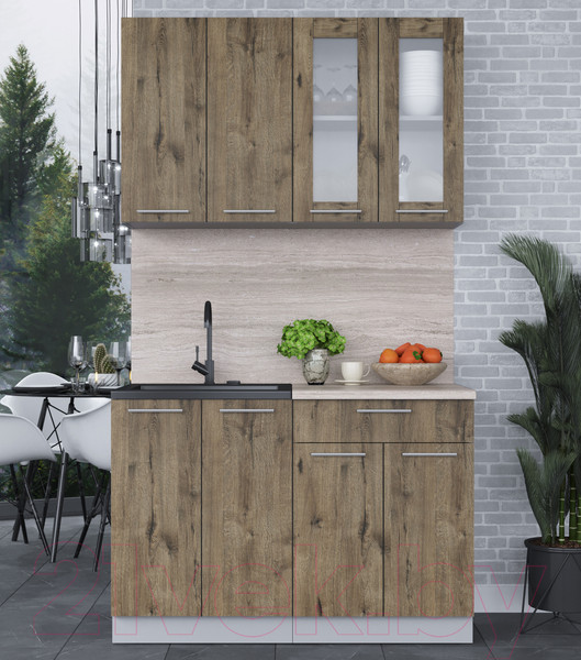 Изображение товара Кухонный гарнитур Интерлиния Мила 12 (дуб веллингтон/дуб веллингтон/травертин серый)