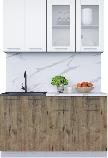 Изображение товара Кухонный гарнитур Интерлиния Мила 14-60 (белый платинум/дуб веллингтон/белый гранит)