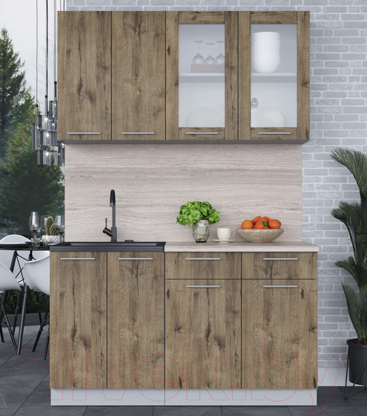 Изображение товара Кухонный гарнитур Интерлиния Мила 14-60 (дуб веллингтон/дуб веллингтон/травертин серый)