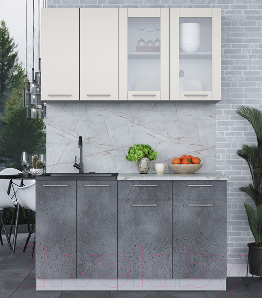 Изображение товара Кухонный гарнитур Интерлиния Мила 14-60 (персидский жемчуг/бетон портленд/серый каспий)