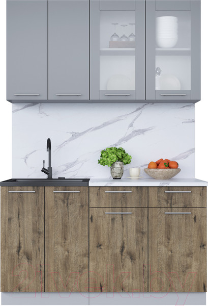 Изображение товара Кухонный гарнитур Интерлиния Мила 14-60 (серебро/дуб веллингтон/белый гранит)
