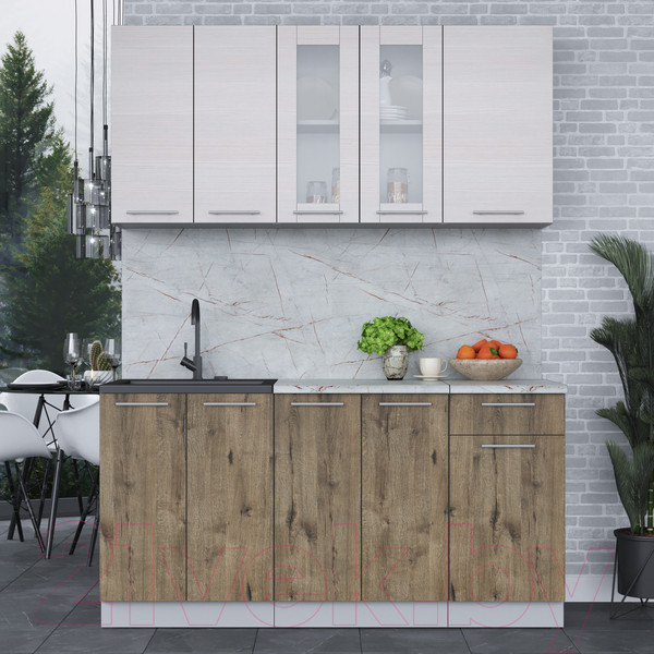 Изображение товара Кухонный гарнитур Интерлиния Мила 16-60 (вудлайн кремовый/дуб веллингтон/серый каспий)