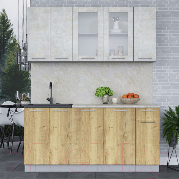 Изображение товара Кухонный гарнитур Интерлиния Мила 17-60 (бетон лайт/дуб золотой/опал светлый)