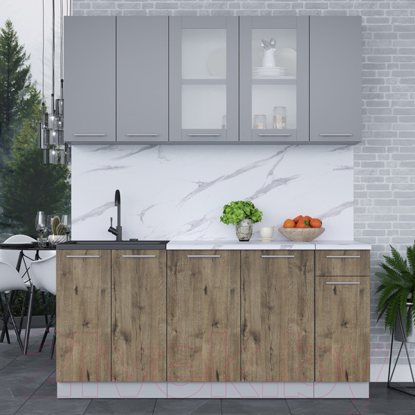 Изображение товара Кухонный гарнитур Интерлиния Мила 17-60 (серебро/дуб веллингтон/белый гранит)