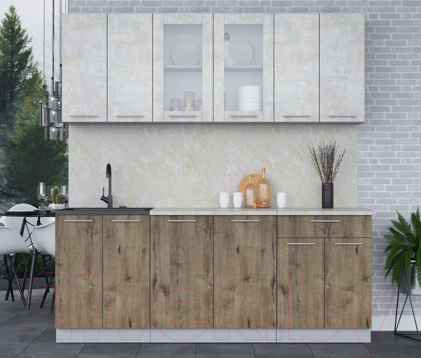 Изображение товара Кухонный гарнитур Интерлиния Мила 20-60 (бетон лайт/дуб веллингтон/опал светлый)