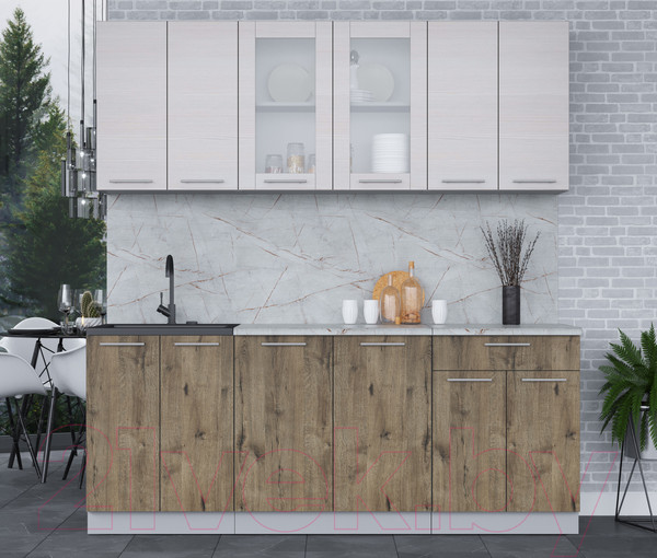 Изображение товара Кухонный гарнитур Интерлиния Мила 20-60 (вудлайн кремовый/дуб веллингтон/серый каспий)