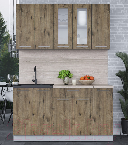 Изображение товара Кухонный гарнитур Интерлиния Мила 15 (дуб веллингтон/дуб веллингтон/травертин серый)