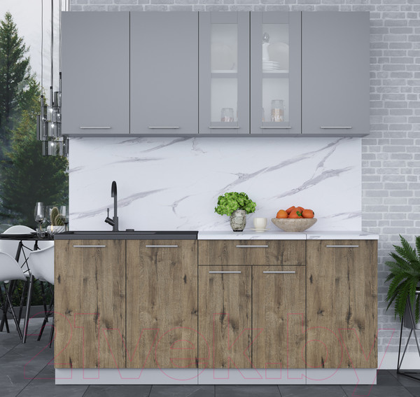 Изображение товара Кухонный гарнитур Интерлиния Мила 18 (серебро/дуб веллингтон/белый гранит)