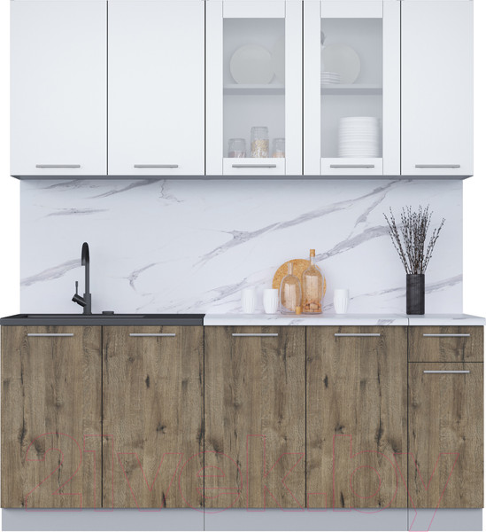 Изображение товара Кухонный гарнитур Интерлиния Мила 19 (белый платинум/дуб веллингтон/белый гранит)