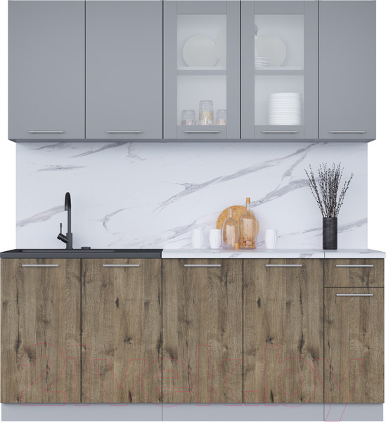 Изображение товара Кухонный гарнитур Интерлиния Мила 19 (серебро/дуб веллингтон/белый гранит)