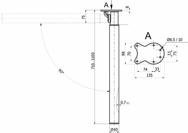Изображение товара Опора мебельная AKS Регулируемая d60 h-710-1100 (черный)