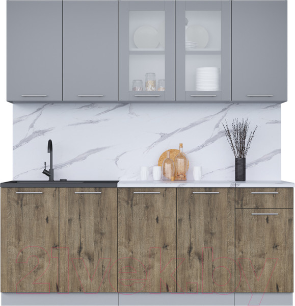 Изображение товара Кухонный гарнитур Интерлиния Мила 20 (серебро/дуб веллингтон/белый гранит)