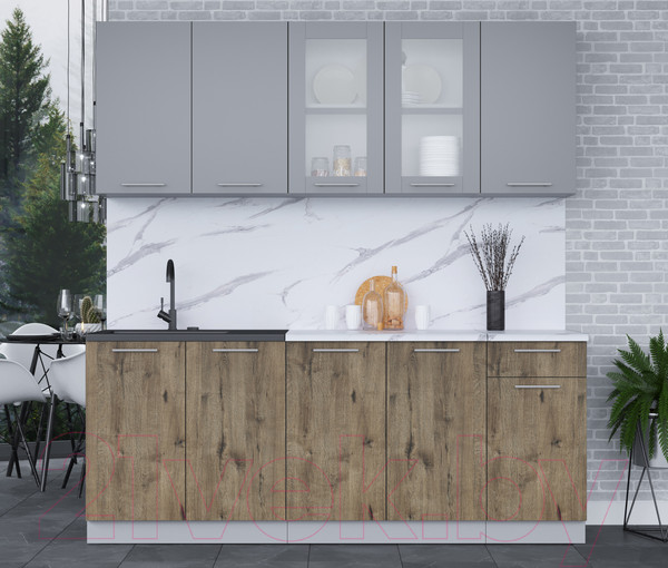 Изображение товара Кухонный гарнитур Интерлиния Мила 20 (серебро/дуб веллингтон/белый гранит)