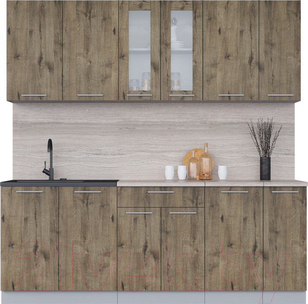 Изображение товара Кухонный гарнитур Интерлиния Мила 21 (дуб веллингтон/дуб веллингтон/травертин серый)