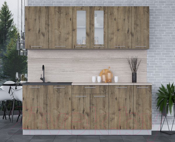 Изображение товара Кухонный гарнитур Интерлиния Мила 21 (дуб веллингтон/дуб веллингтон/травертин серый)