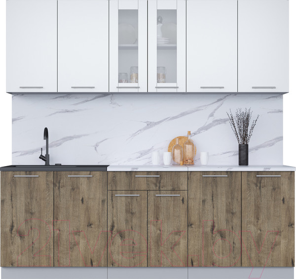 Изображение товара Кухонный гарнитур Интерлиния Мила 22 (белый платинум/дуб веллингтон/белый гранит)