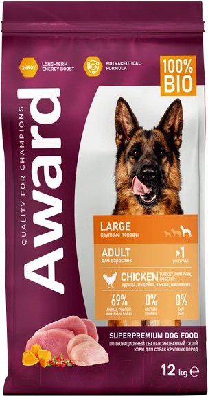 Изображение товара Сухой корм для собак Award Adult Large c кур. и индейкой с доб. тыквы и шиповника / 7175796 (12кг)
