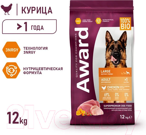 Изображение товара Сухой корм для собак Award Adult Large c кур. и индейкой с доб. тыквы и шиповника / 7175796 (12кг)