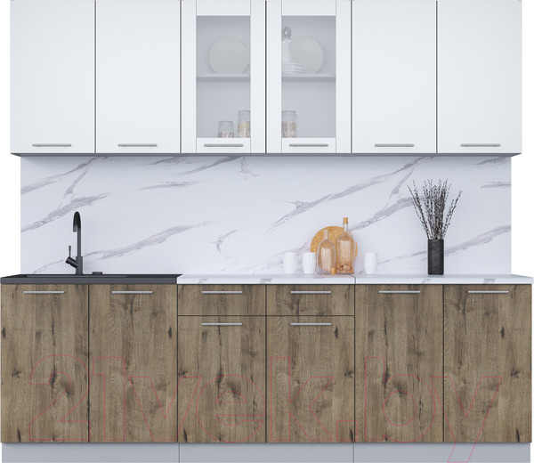 Изображение товара Кухонный гарнитур Интерлиния Мила 24 (белый платинум/дуб веллингтон/белый гранит)