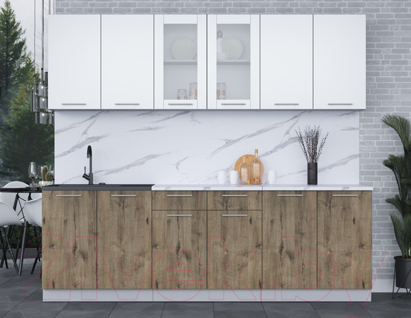 Изображение товара Кухонный гарнитур Интерлиния Мила 24 (белый платинум/дуб веллингтон/белый гранит)