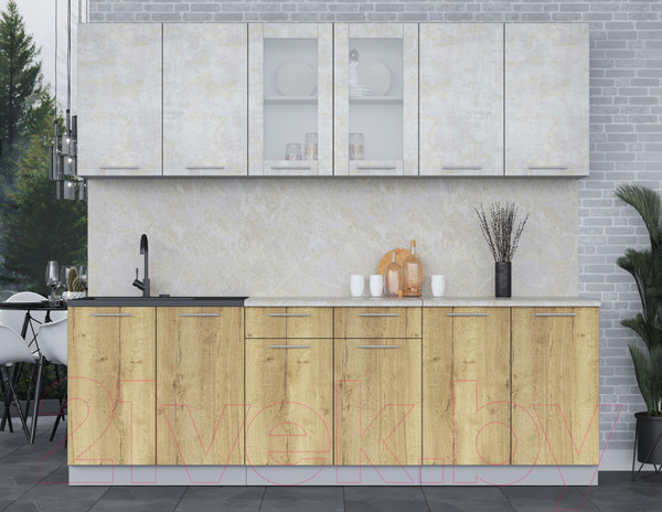 Изображение товара Кухонный гарнитур Интерлиния Мила 24 (бетон лайт/дуб золотой/опал светлый)