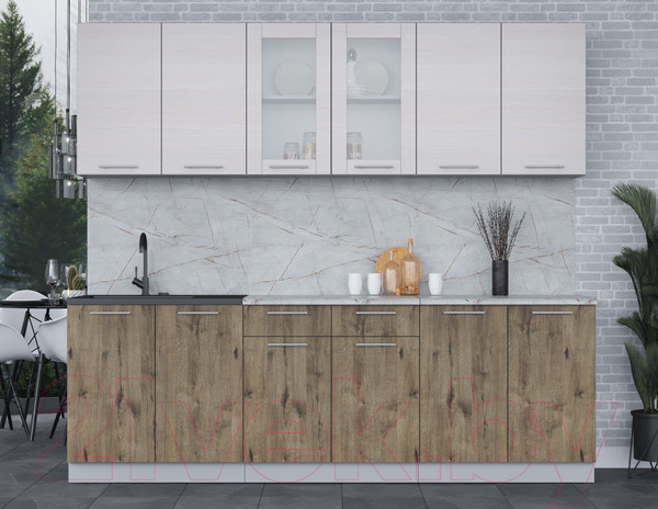 Изображение товара Кухонный гарнитур Интерлиния Мила 24 (вудлайн кремовый/дуб веллингтон/серый каспий)