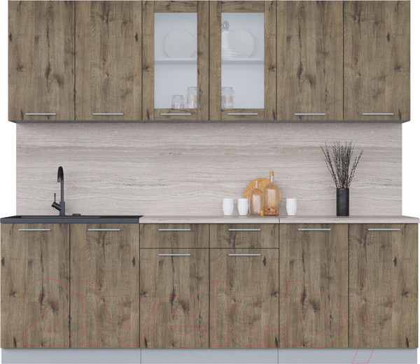 Изображение товара Кухонный гарнитур Интерлиния Мила 24 (дуб веллингтон/дуб веллингтон/травертин серый)