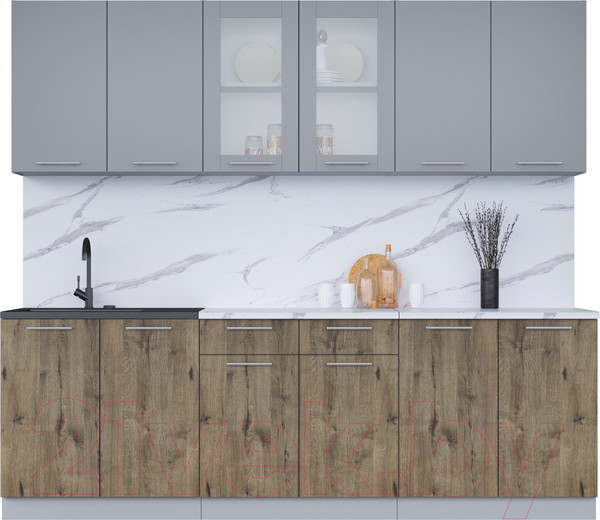 Изображение товара Кухонный гарнитур Интерлиния Мила 24 (серебро/дуб веллингтон/белый гранит)