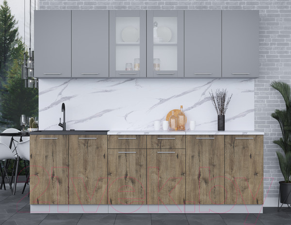 Изображение товара Кухонный гарнитур Интерлиния Мила 24 (серебро/дуб веллингтон/белый гранит)
