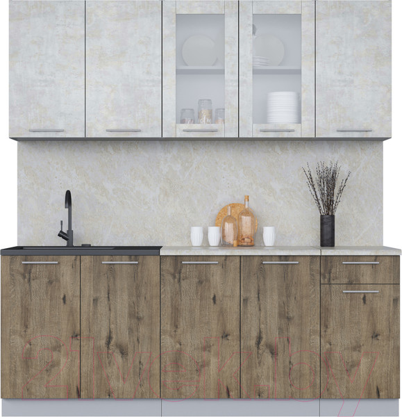Изображение товара Кухонный гарнитур Интерлиния Мила 20 (бетон лайт/дуб веллингтон/опал светлый)