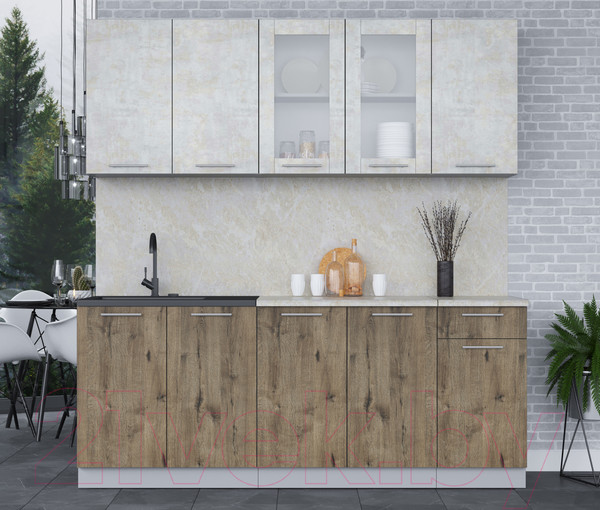 Изображение товара Кухонный гарнитур Интерлиния Мила 20 (бетон лайт/дуб веллингтон/опал светлый)