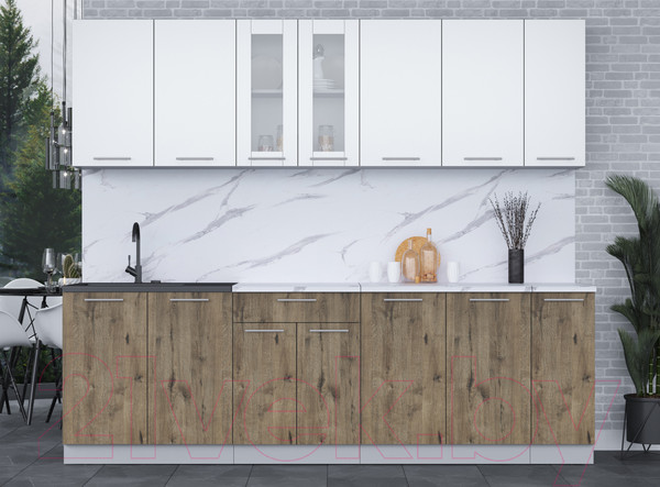 Изображение товара Кухонный гарнитур Интерлиния Мила 25 (белый платинум/дуб веллингтон/белый гранит)