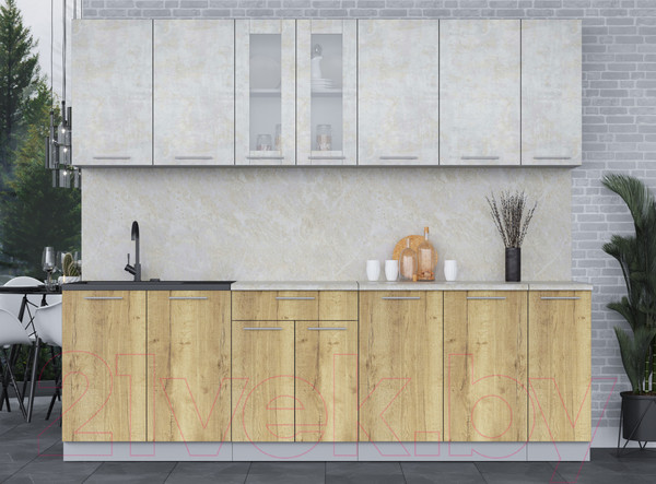 Изображение товара Кухонный гарнитур Интерлиния Мила 25 (бетон лайт/дуб золотой/опал светлый)