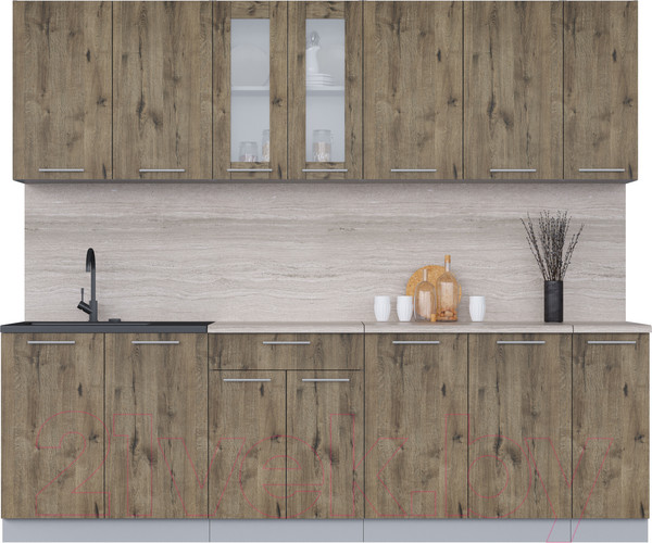 Изображение товара Кухонный гарнитур Интерлиния Мила 25 (дуб веллингтон/дуб веллингтон/травертин серый)