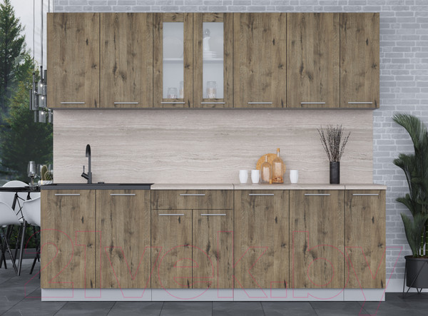 Изображение товара Кухонный гарнитур Интерлиния Мила 25 (дуб веллингтон/дуб веллингтон/травертин серый)