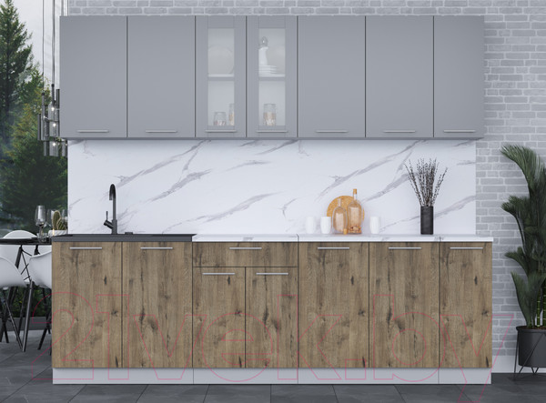 Изображение товара Кухонный гарнитур Интерлиния Мила 25 (серебро/дуб веллингтон/белый гранит)